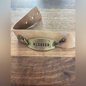 Source Unknown Tan Leather Bracelet with Gold "BLESSED" Plate